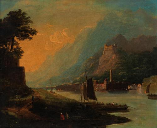 355   -  <p><span class="object_author">ESCUELA FRANCESA S. XIX  - Paisaje romántico con marina y castillo. </span></p>