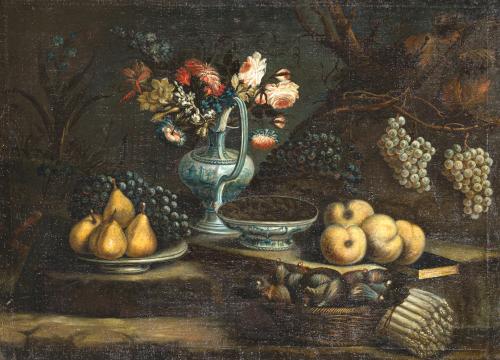 ESCUELA ITALIANA. Siglo XVIII, Bodegón de frutas, flores e 