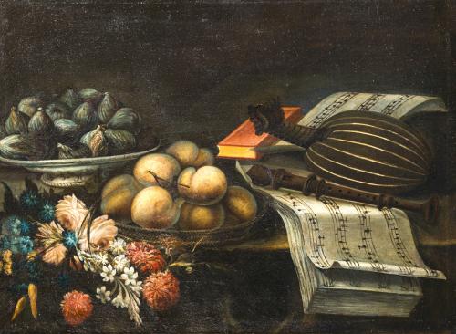 ESCUELA ITALIANA. Siglo XVIII, Bodegón de frutas y flores