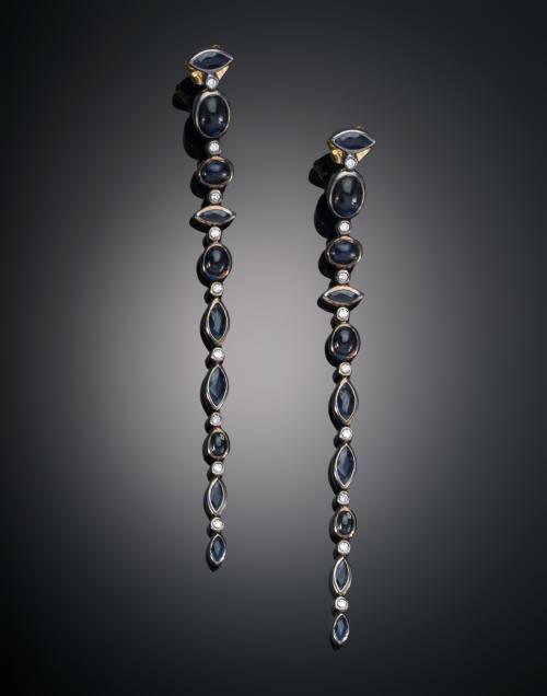 PENDIENTES LARGOS CON ZAFIROS Y DIAMANTES EN PLATA
