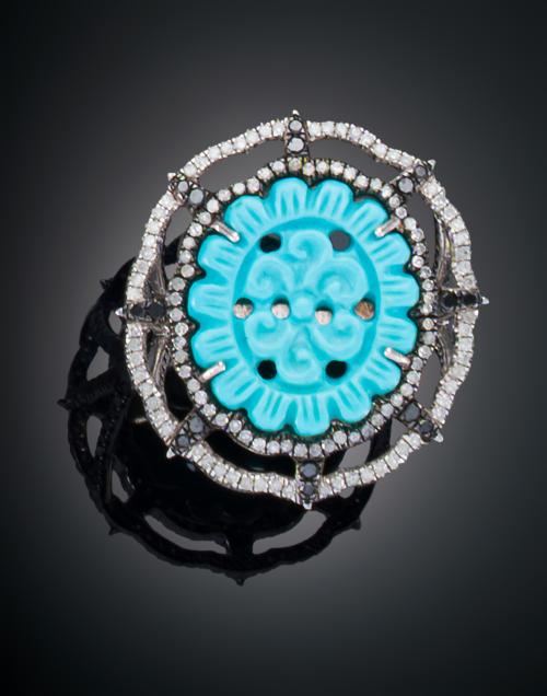 SORTIJA EN FORMA DE TELAR CON TURQUESA Y DIAMANTES EN PLATA