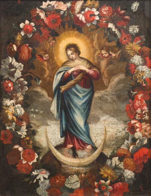 512   -  <p><span class="object_author">ESCUELA ESPAÑOLA. Segunda mitad del siglo XVII  - La inmaculada entre corona de guirnaldas</span></p>