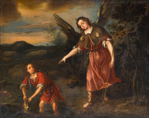 ESCUELA SEVILLANA. Siglo XVIII, Tobías y el ángel, Óleo sob