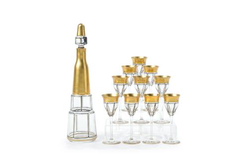 Juego de licorera y 10 copitas Art Decó en vidrio esmaltado