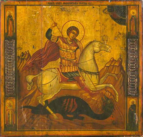 588   -  <p><span class="object_author">ICONO ORTODOXO (zona de Europa del este).  Siglo XIX - San Jorge matando al dragón.</span></p>