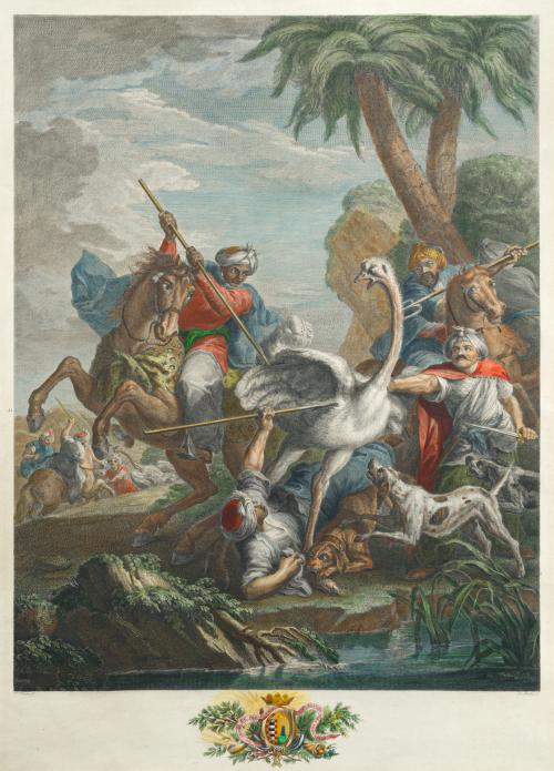 641   -  <p><span class="object_author">BLAS AMETLLER (Barcelona, 1768-Madrid, 1841). Después de 1803 - Pareja de grabados coloreados "La caza de la Avestruz"y "La pesca del cocodrilo"<br/><br/></span></p>
