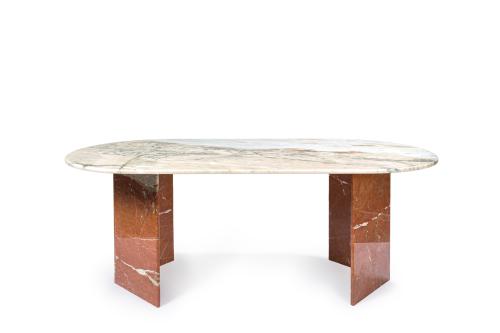 Elegante mesa de comedor italiana en mármol rosa y blanco v