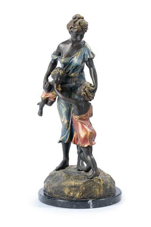 199   -  <p><span class="object_title">SIGUIENDO MODELOS DE AUGUST MOUREAU (1834-1917)<br/>"Alegoría de la maternidad"<br/>Escultura en bronce pintado. Firmada: "A. Moureau". Sobre base de mármol. </span><br></p>