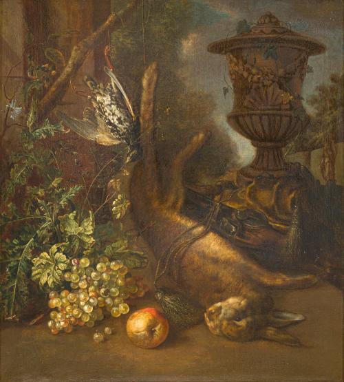 527   -  <p><span class="object_author">JAN WEENIX (Amsterdam, 1640 -1719). Hacia 1680 - Bodegón con una liebre, otros trofeos de caza, frutas y un jarrón decorativo</span></p>