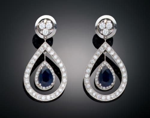 PENDIENTES DOBLE LÁGRIMA CON ZAFIROS Y DIAMANTES EN ORO BLA