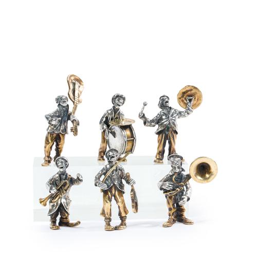 CONJUNTO DE SEIS  PAYASOS MÚSICOS EN PLATA Y BRONCE