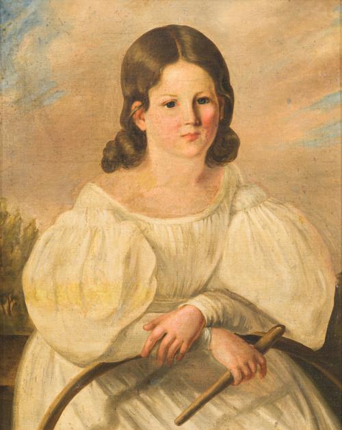 ESCUELA ESPAÑOLA. Siglo XIX, Niña con el juego del aro, Óle