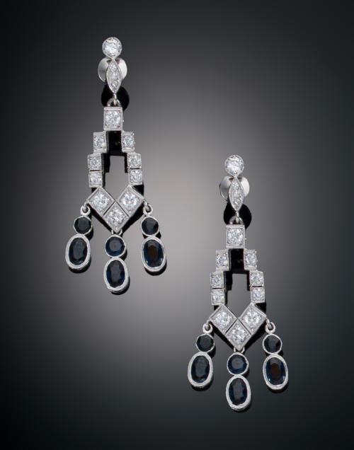 PENDIENTES ESTILO ARTE DECÓ CON ZAFIROS Y DIAMANTES EN PLAT