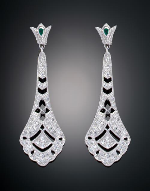 PENDIENTES ESTILO ARTE DECÓ CON DIMANTES Y ESMERALDAS EN PL