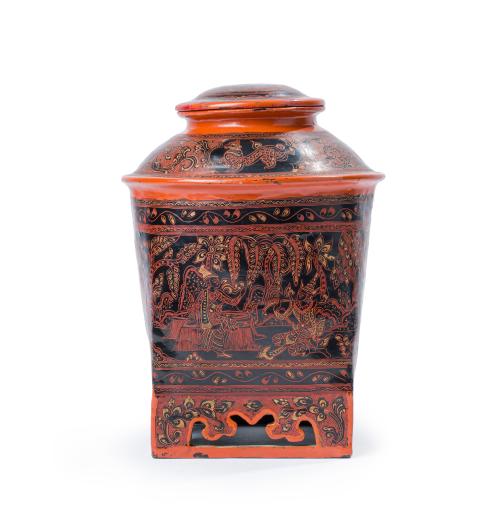 Caja ritual en bambú trenzado, Birmania S. XXCon decoraci