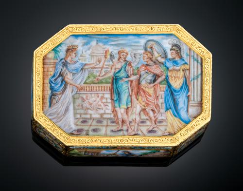 921   -  <p><span class="object_title">CAJA FRANCESA CON DISEÑO OCTOGONAL EN ESMALTE Y ORO AMARILLO DE 22 K.  S.XVIII COMIENZOS DEL S.XIX</span></p>