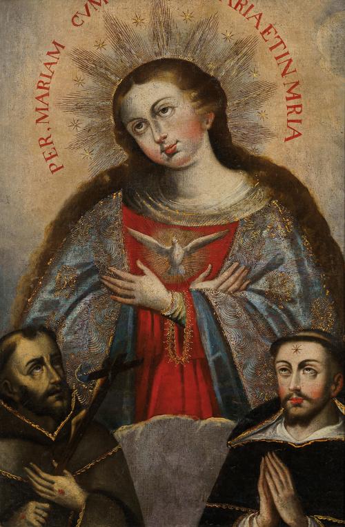 251   -  <p><span class="object_author">ESCUELA CUZQUEÑA DEL SIGLO XVIII - Inmaculada con Santo Domingo de Guzmán y San Francisco de Asís</span></p>