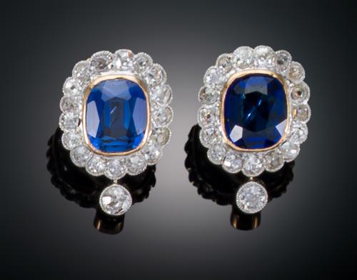 PENDIENTES ART DECÓ CON ZAFIROS SINTÉTICOS Y DIAMANTES EN O