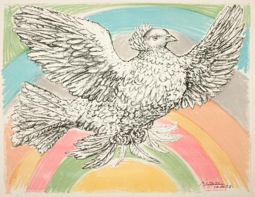 776   -  <p><span class="object_author">PABLO RUIZ PICASSO (Málaga, 1881 - Mougins, 1973) - Colombe volant (Á l'arc-en-ciel)</span></p>