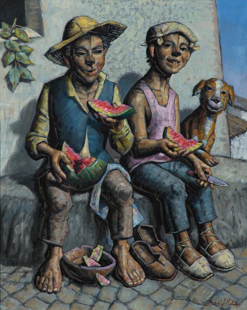 386   -  <p><span class="object_author">JESÚS VILLAR (Jaén, 1930 - 2015) - Zagales comiendo sandía. Homenaje a Murillo</span></p>