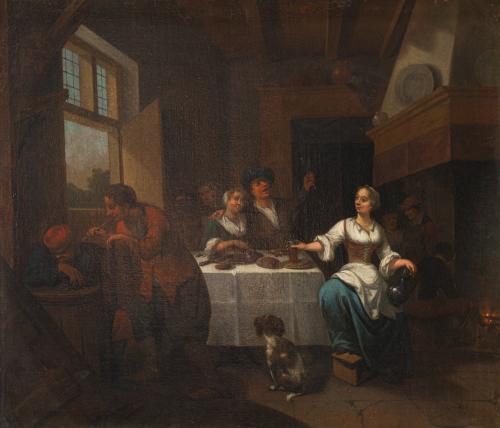 524   -  <p><span class="object_author">JAN MIENSE MOLENAER (1610, Haarlem - 1668, Haarlem) . Hacia 1610 - Escena costumbrista en interior de vivienda flamenca </span></p>