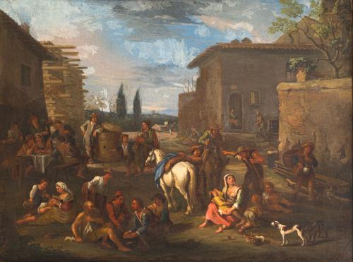 525   -  <p><span class="object_author">PIETER VAN BLOEMEN (Amberes, 1657 - 1720). Principios del siglo XVIII - Pareja de escenas campestres con aldeanos descansando<br/></span></p>