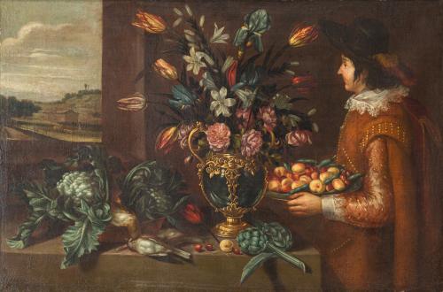 503   -  <p><span class="object_author">ANTONIO PONCE (Valladolid, c. 1608 – Madrid,1677). 1635–40 - Bodegón con jarrón con flores, verduras animales de caza y noble</span></p>