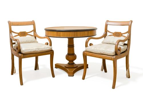 69   -  <p><span class="object_title">Lote de mobiliario formado por: mesa redonda Biedermeier y dos butacas en madera de cerezo y ebonizada con brazos rematados en volutas. C. 1830.</span><br></p>
