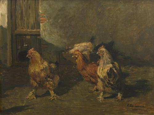 ESCUELA FRANCESA. Siglo XIX, El gallinero, Óleo sobre táblex