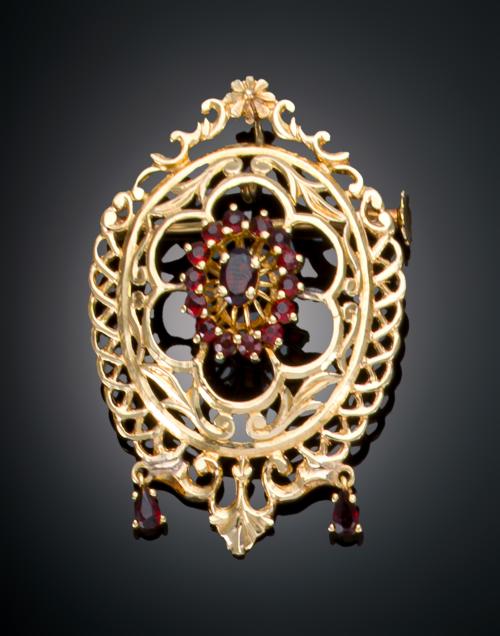 BROCHE - COLGANTE ROSETÓN CON GRANATES EN ORO AMARILLO DE 1