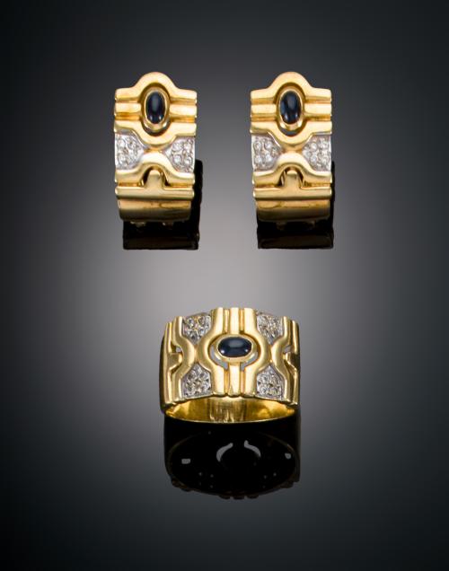 CONJUNTO DE SORTIJA Y PENDIENTES CON ZAFIROS Y DIAMANTES EN