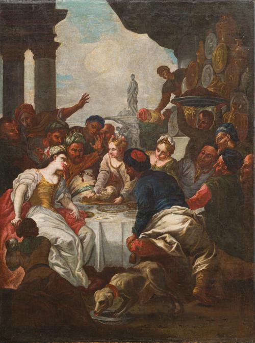 578   -  <p><span class="object_author">TALLER DE ANTONIO BALESTRA (Verona, 1660 - 1740). Primera mitad del siglo XVIII - Salomé  presenta la cabeza del Bautista en el banquete de Herodes</span></p>