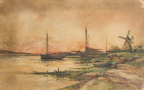 645   -  <p><span class="object_author">ROBERT WILLIAM ARTHUR ROUSE (1867-1951). Segunda mitad del siglo XIX - Playa con barcos de pesca y un molino</span></p>