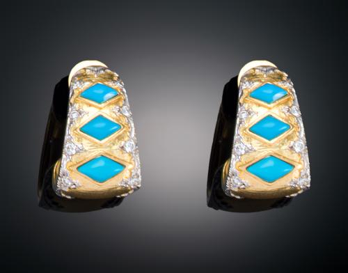 PENDIENTES YANES CON DIAMANTES Y TURQUESAS EN ORO AMARILLO 