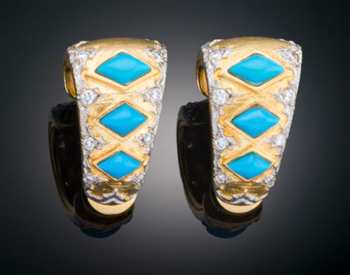 PENDIENTES DE YANES CON DIAMANTES Y TURQUESAS EN ORO AMARIL