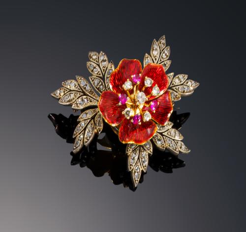 623   -  <p><span class="object_title"> BROCHE TREMBLANT ESMALTE ROJO RUBIES Y BRILLANTES</span></p>