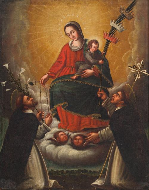 786   -  <p><span class="object_author">ESCUELA ESPAÑOLA. Siglo XVII - Virgen con Niño entre Santo Domingo de Guzmán y Santo Tomás de Aquino<br/></span></p>