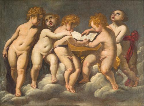 ESCUELA ITALIANA. Siglo XVII, Concierto de amorcillos, Óleo