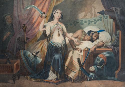 916   -  <p><span class="object_author">ESCUELA FRANCESA. Segunda mitad del siglo XIX - Pareja de aguafuertes coloreados: Rebeca en la fuente y Judith y Holofernes<br/></span></p>