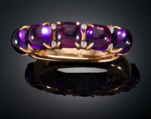 SORTIJA SEXTILLO CON CUARZO AMATISTA Y DIAMANTES EN ORO ROS