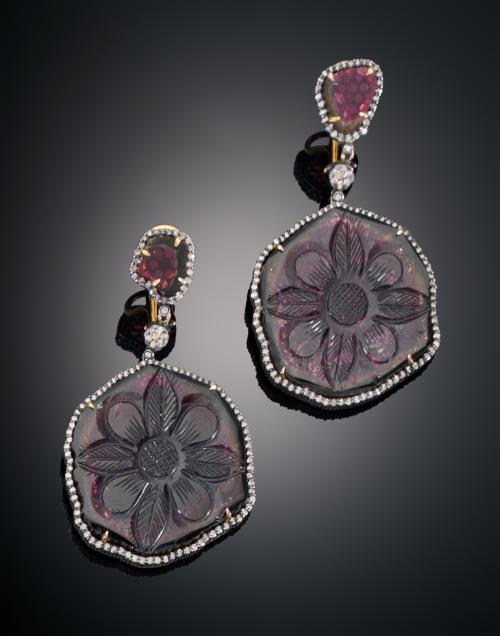 PENDIENTES CON TURMALINA WATERMELON, DIAMANTES  EN ORO AMAR
