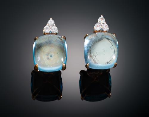 PENDIENTES CON TOPACIO AZUL Y DIAMANTES EN ORO ROSA DE 18 KT