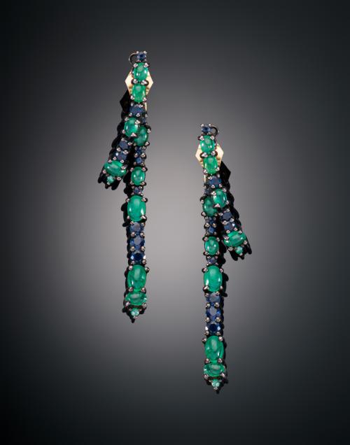 PENDIENTES DOBLES DESMONTABLES CON ESMERALDAS Y ZAFIROS EN 