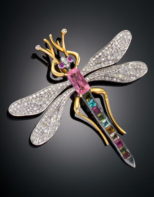 BROCHE - COLGANTE LIBÉLULA CON TURMALINAS , RUBÍES Y DIAMAN