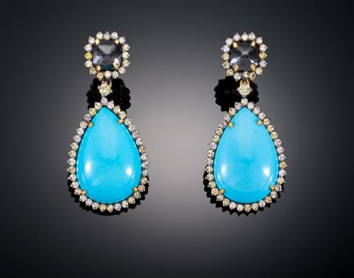 PENDIENTES CON TURQUESAS Y DIAMANTES EN ORO AMARILLO DE 14 