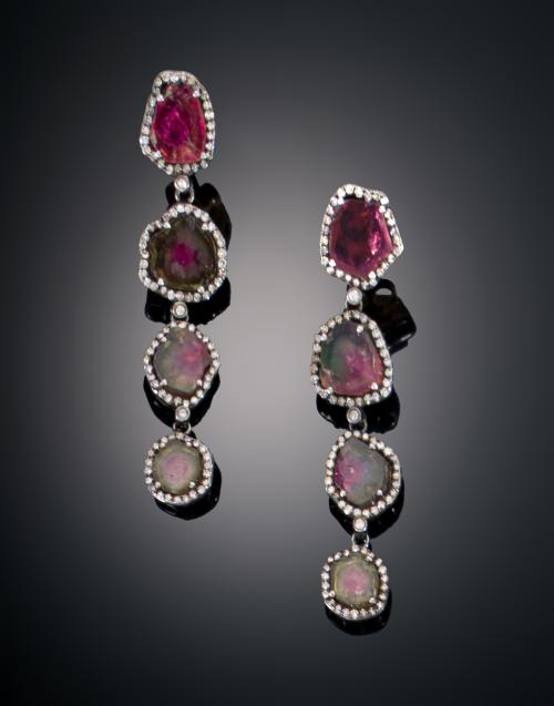 PENDIENTES LARGOS CON TURMALINAS WATERMELON Y DIAMANTES EN 