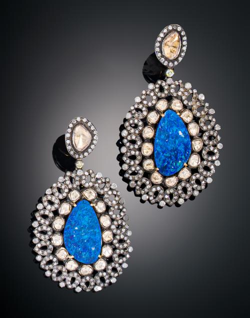 PENDIENTES CON ÓPALO AZUL Y DIAMANTES EN PLATA Y ORO AMARIL