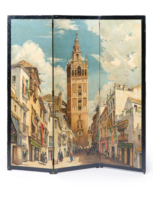 578   -  <p><span class="object_author">MIGUEL CASTRO. Siglo XIX - Biombo de tres puertas con la vista de una calle de Sevilla y la Giralda</span></p>