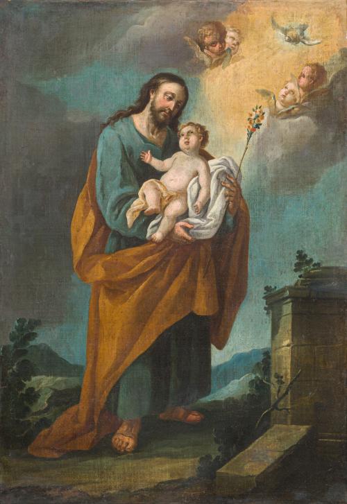 ESCUELA ESPAÑOLA. Siglo XVIII, San José con el Niño, Óleo s