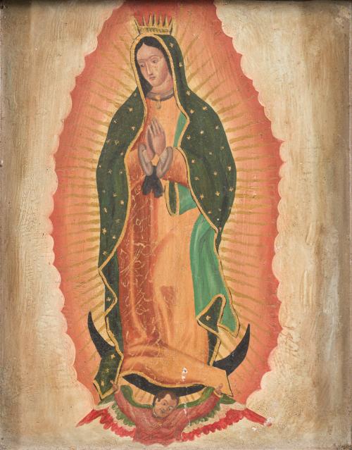 ANÓNIMO. Siglo XX, La Virgen de Guadalupe, Óleo sobre latón